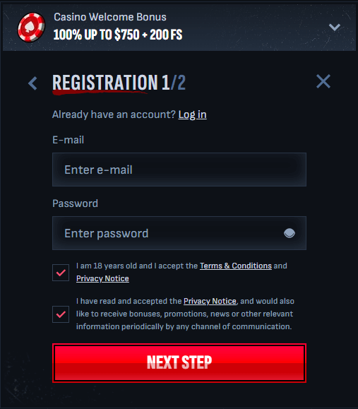 mafiacasino registration step 1