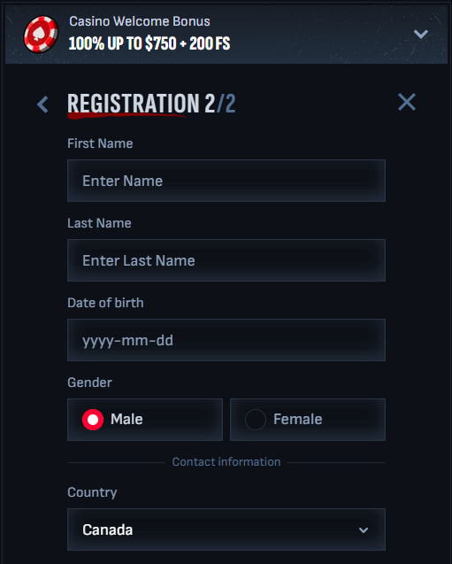 mafiacasino registration step 2